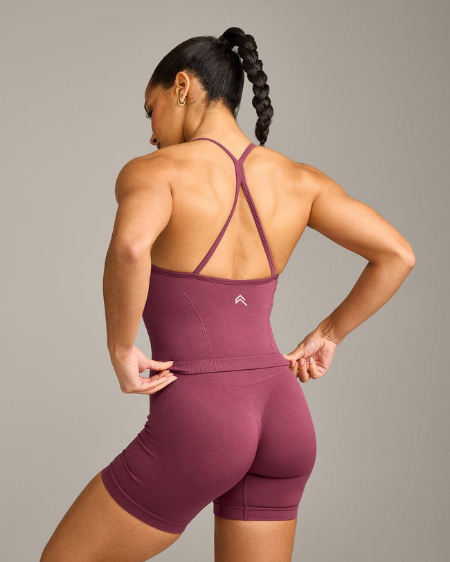EnhanceLift™ Seamless Strappy Racer Vest with Built in Bra Shelf with Grey Logo | Burnt Maroon