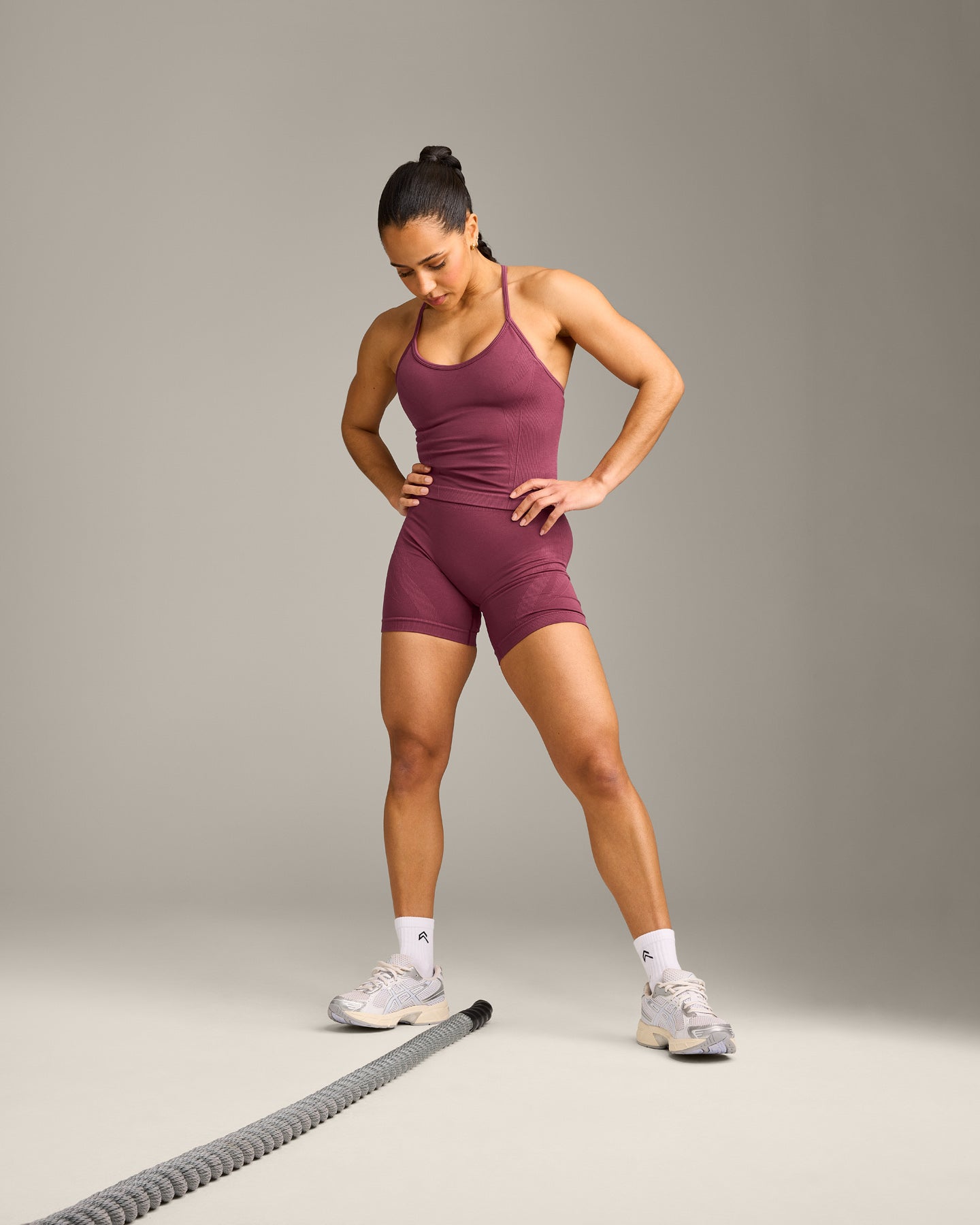 EnhanceLift™ Seamless Strappy Racer Vest with Built in Bra Shelf with Grey Logo | Burnt Maroon