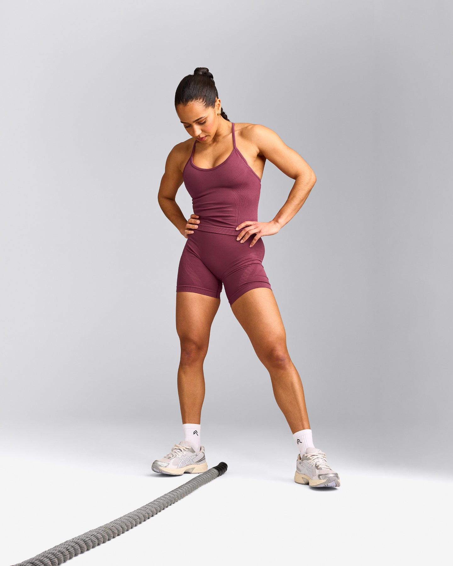 EnhanceLift™ Seamless Strappy Racer Tank Top with Built in Bra Shelf with Grey Logo | Burnt Maroon Red