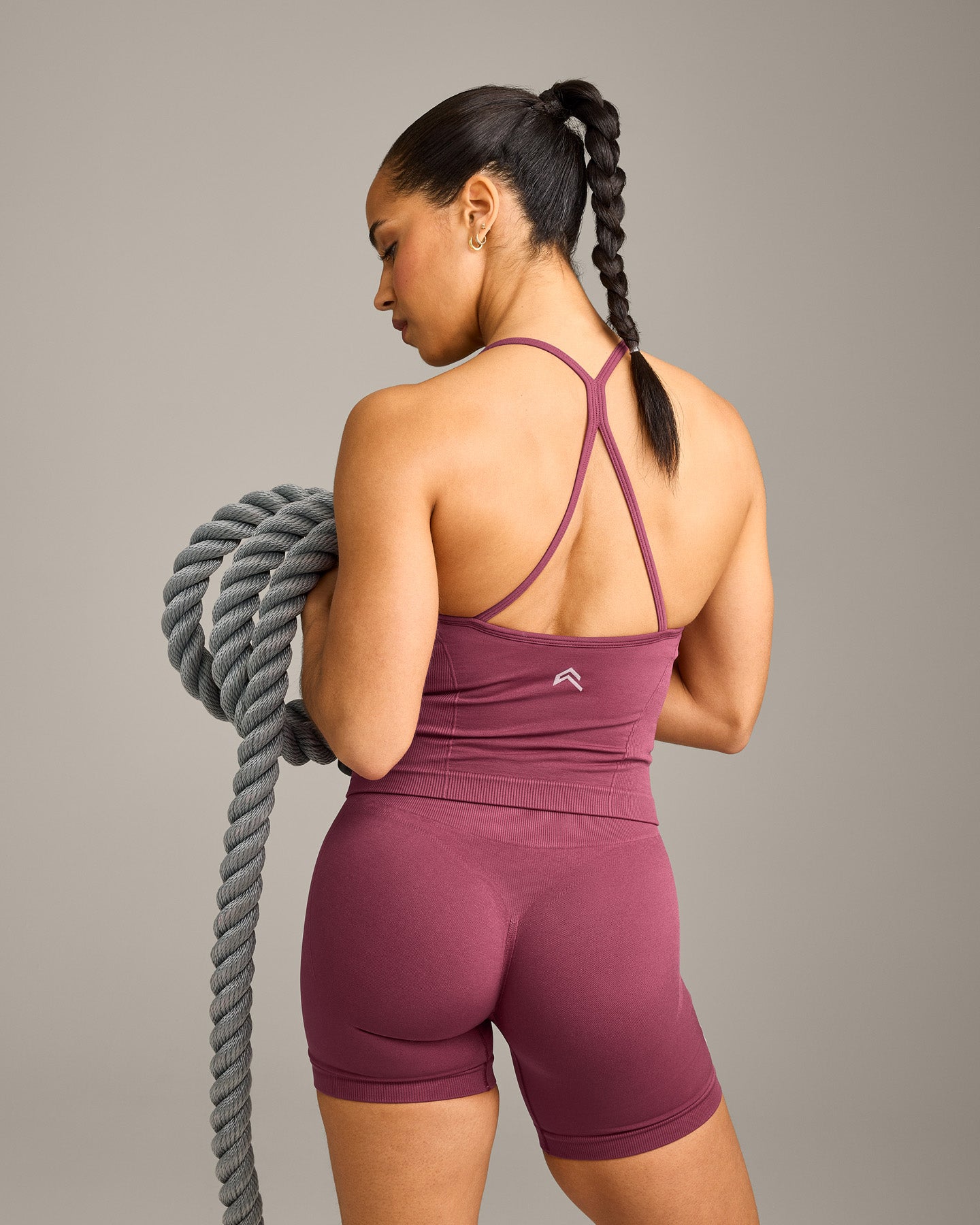 EnhanceLift™ Seamless Strappy Racer Vest with Built in Bra Shelf with Grey Logo | Burnt Maroon