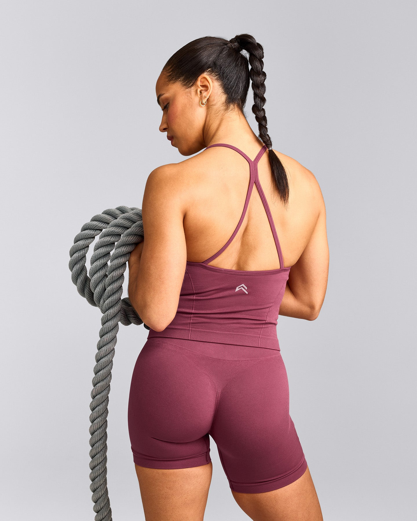 EnhanceLift™ Seamless Strappy Racer Tank Top with Built in Bra Shelf with Grey Logo | Burnt Maroon Red