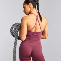 EnhanceLift™ Seamless Strappy Racer Tank Top with Built in Bra Shelf with Grey Logo | Burnt Maroon Red