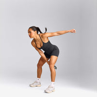 EnhanceLift™ Seamless Strappy Racer Tank Top with Built in Bra Shelf with Grey Logo | Coal