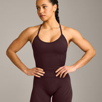 EnhanceLift™ Seamless Strappy Racer Vest with Built in Bra Shelf with Grey Logo | Plum Brown