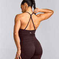 EnhanceLift™ Seamless Strappy Racer Tank Top with Built in Bra Shelf with Grey Logo | Plum Brown