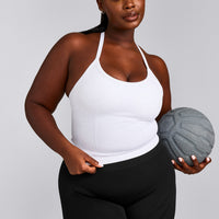 EnhanceLift™ Seamless Strappy Racer Tank Top with Built in Bra Shelf with Grey Logo | White