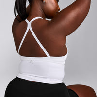 EnhanceLift™ Seamless Strappy Racer Tank Top with Built in Bra Shelf with Grey Logo | White