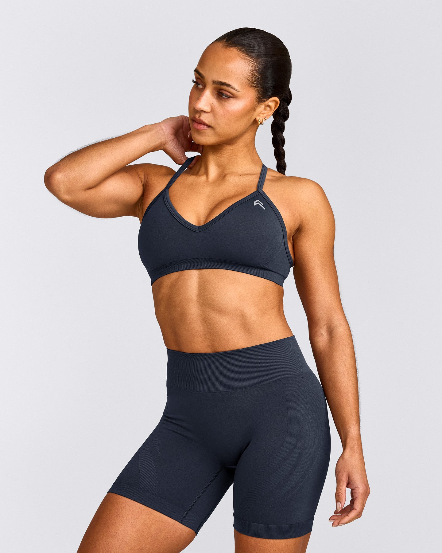 EnhanceLift™ Seamless Strappy Sports Bra with Grey Logo | True Blue