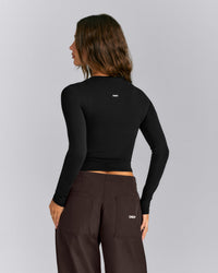 Fitted Cotton Long Sleeve Crew Neck Top | Black