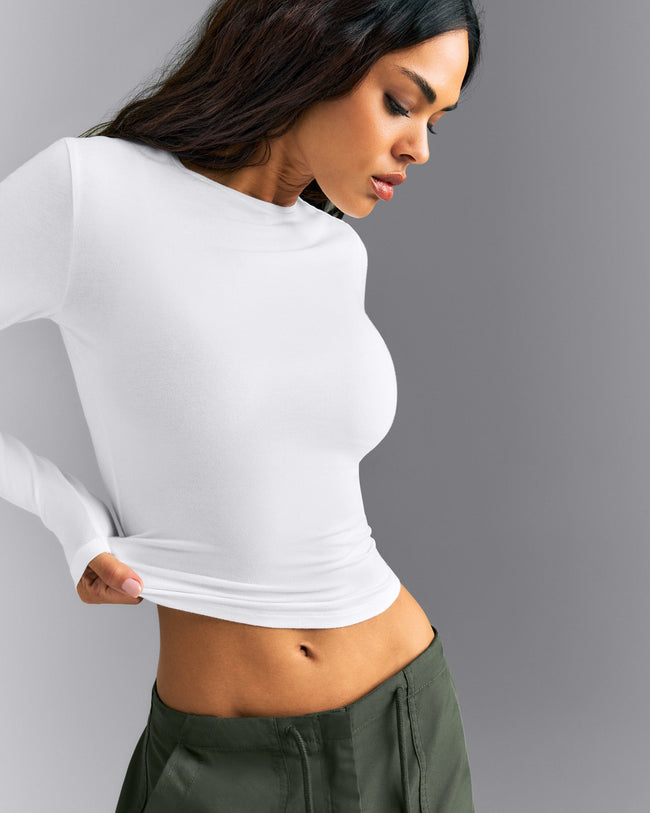 Fitted Cotton Long Sleeve Crew Neck Top | White