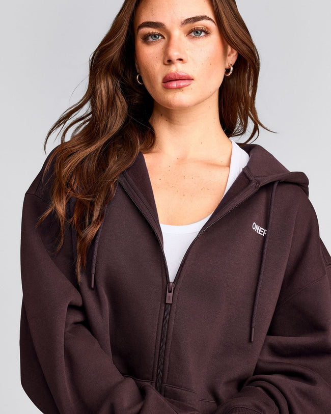 Foundations Cosy Oversized Zip Through Hoodie | Plum Brown