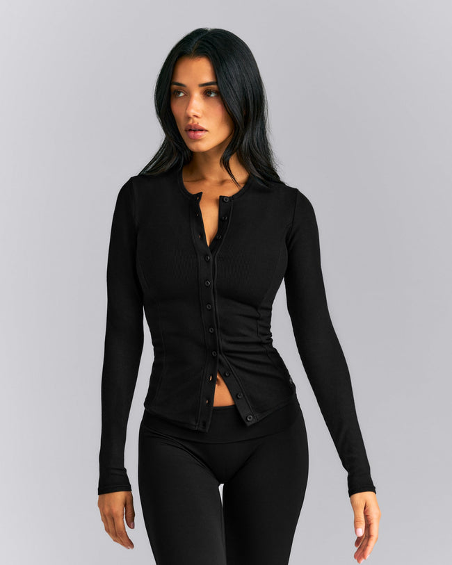 Mellow™ Rib Long Sleeve Cardigan with Embroidered Logo | Black