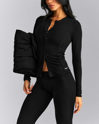 Mellow™ Rib Long Sleeve Cardigan with Embroidered Logo | Black