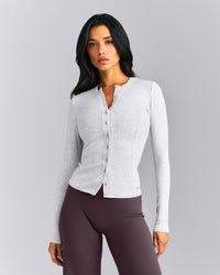 Mellow™ Rib Long Sleeve Cardigan with Embroidered Logo | Light Grey Marl