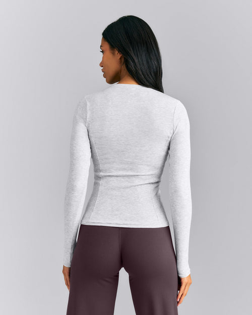 Mellow™ Rib Long Sleeve Cardigan with Embroidered Logo | Light Grey Marl