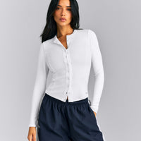 Mellow™ Rib Long Sleeve Cardigan with Embroidered Logo | White