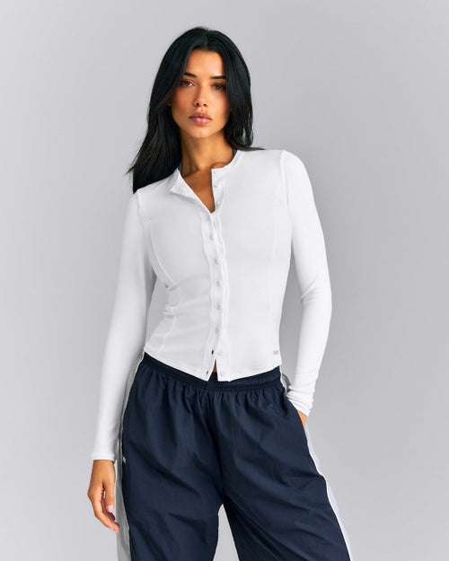 Mellow™ Rib Long Sleeve Cardigan with Embroidered Logo | White