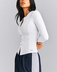 Mellow™ Rib Long Sleeve Cardigan with Embroidered Logo | White