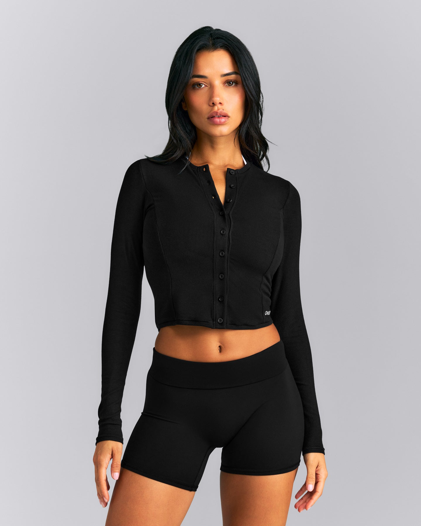 Mellow™ Rib Mid Long Sleeve Cardigan with Embroidered Logo | Black