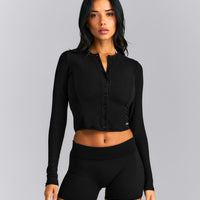 Mellow™ Rib Mid Long Sleeve Cardigan with Embroidered Logo | Black