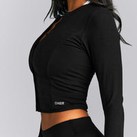 Mellow™ Rib Mid Long Sleeve Cardigan with Embroidered Logo | Black