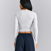 Mellow™ Rib Mid Long Sleeve Cardigan with Embroidered Logo | Light Grey Marl