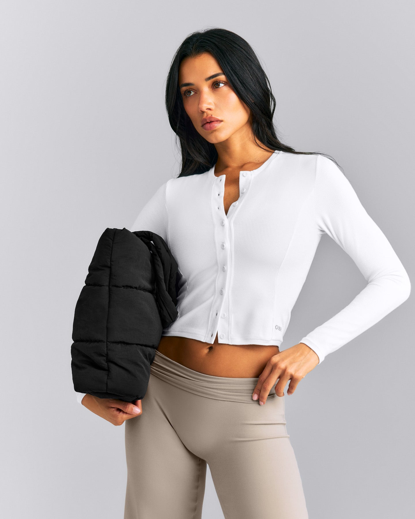 Mellow™ Rib Mid Long Sleeve Cardigan with Embroidered Logo | White