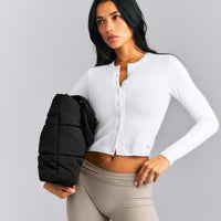 Mellow™ Rib Mid Long Sleeve Cardigan with Embroidered Logo | White