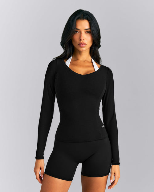 Mellow™ Rib V Neck Long Sleeve Top | Black