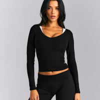Mellow™ Rib V Neck Mid Long Sleeve Top | Black