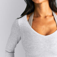 Mellow™ Rib V Neck Mid Long Sleeve Top | Light Grey Marl