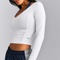 Mellow™ Rib V Neck Mid Long Sleeve Top | White