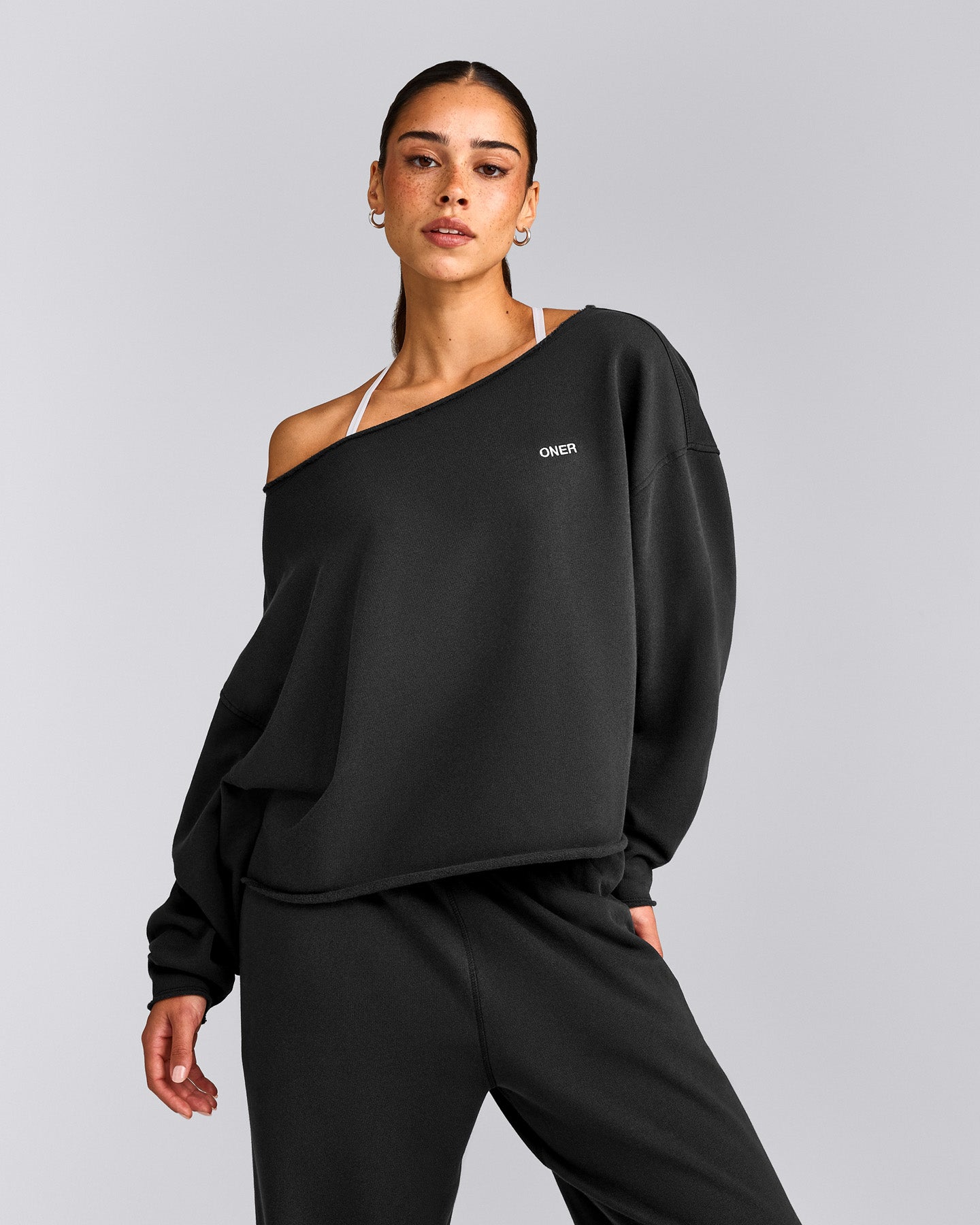 Cotton Vintage Lounge Off-The-Shoulder Sweatshirt | Washed Black