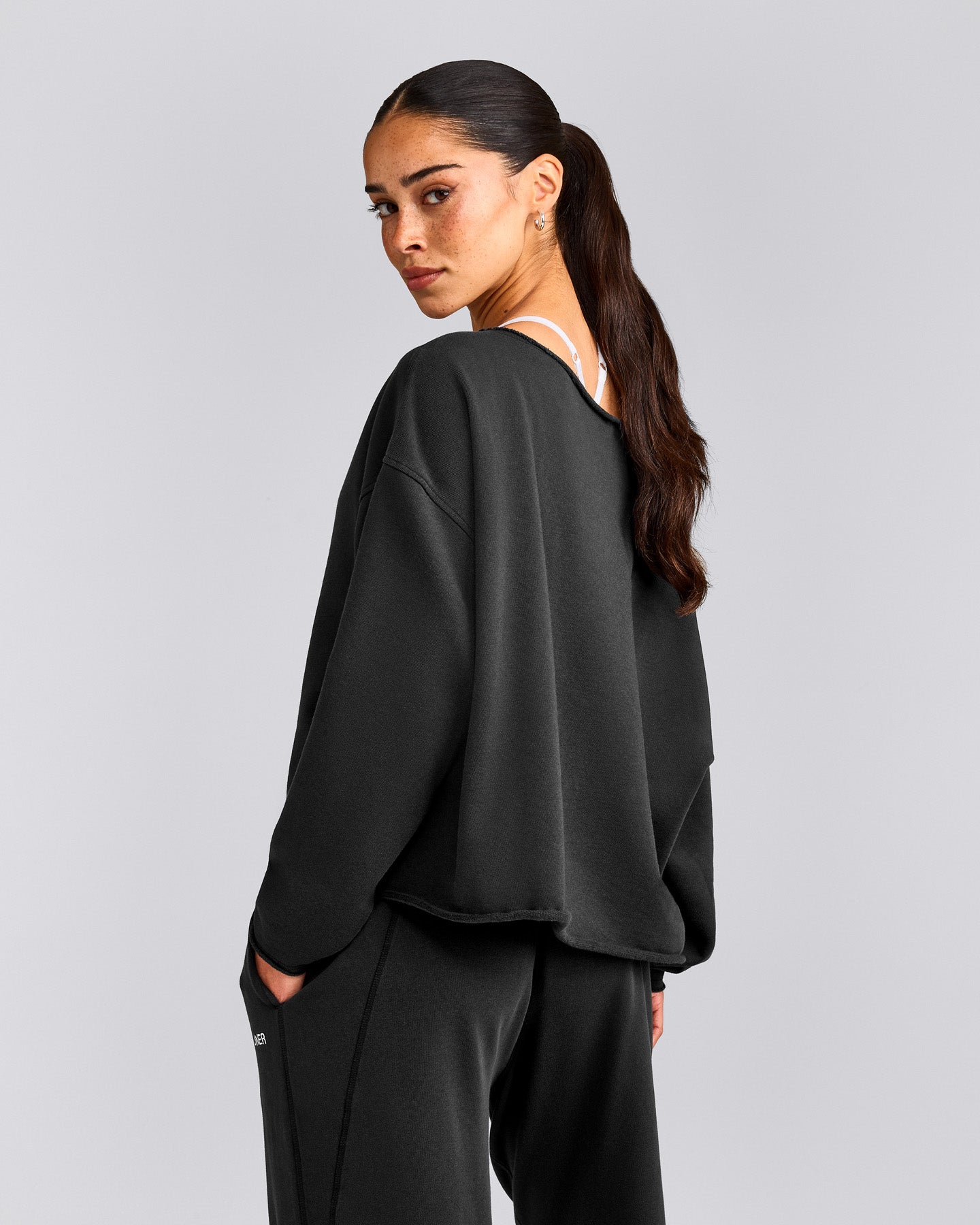 Cotton Vintage Lounge Off-The-Shoulder Sweatshirt | Washed Black