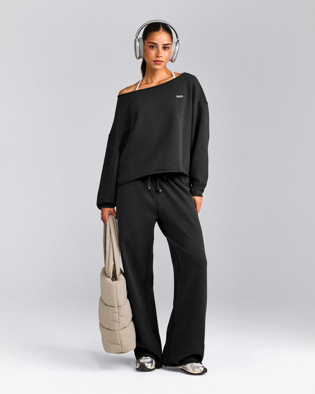 Cotton Vintage Lounge Off-The-Shoulder Sweatshirt | Washed Black