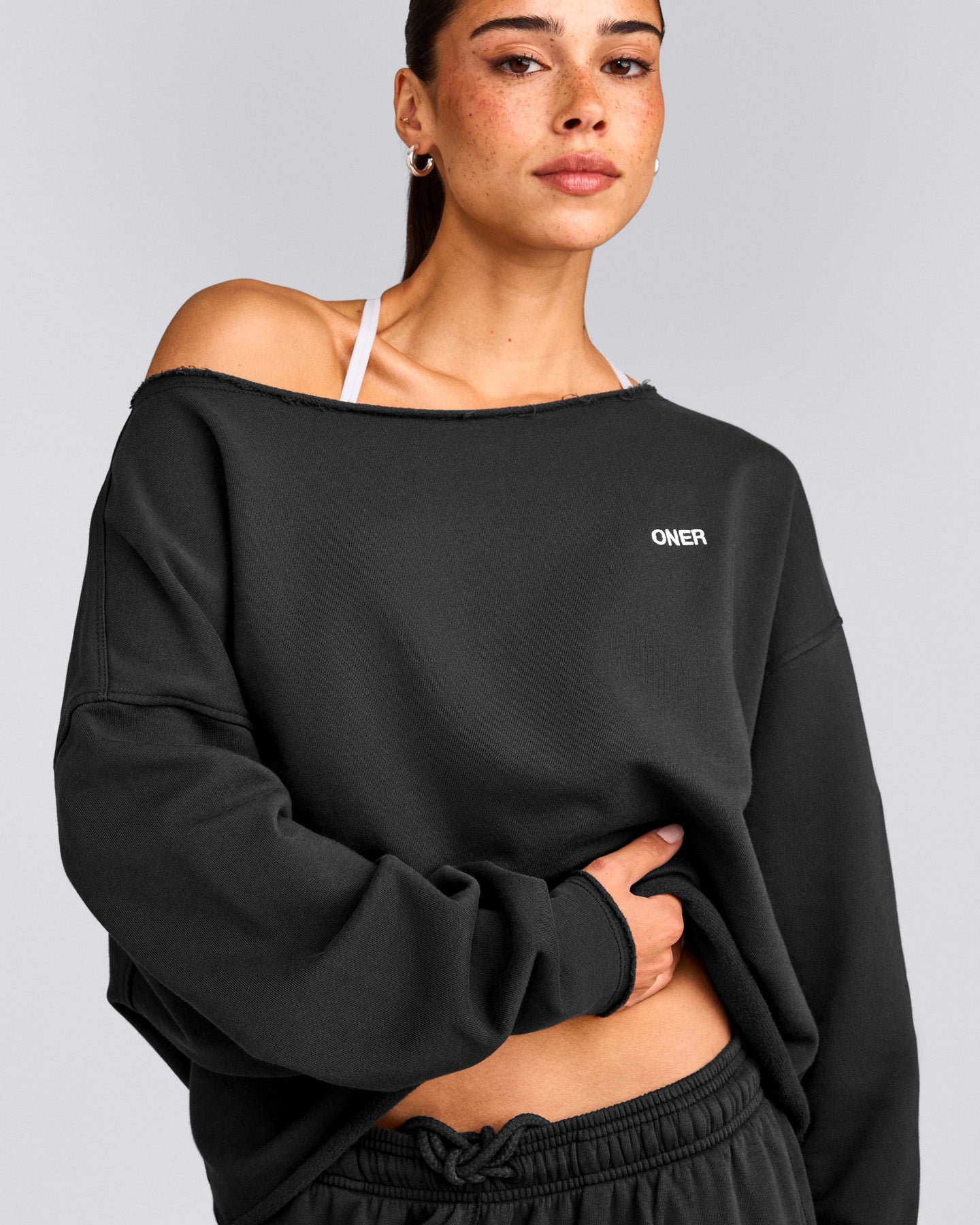 Cotton Vintage Lounge Off-The-Shoulder Sweatshirt | Washed Black