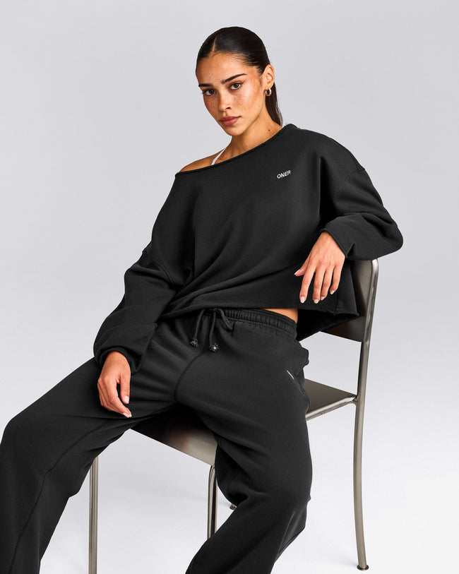 Cotton Vintage Lounge Off-The-Shoulder Sweatshirt | Washed Black