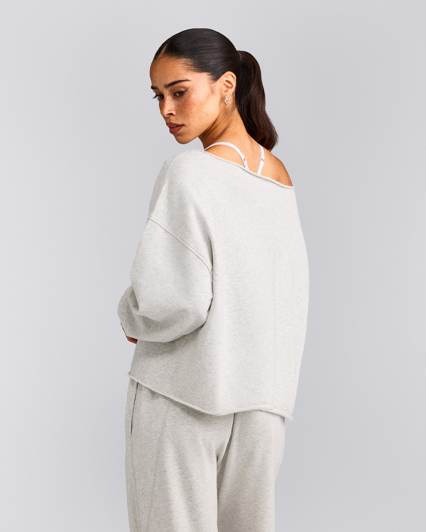 Cotton Vintage Lounge Off-The-Shoulder Sweatshirt | Light Grey Marl