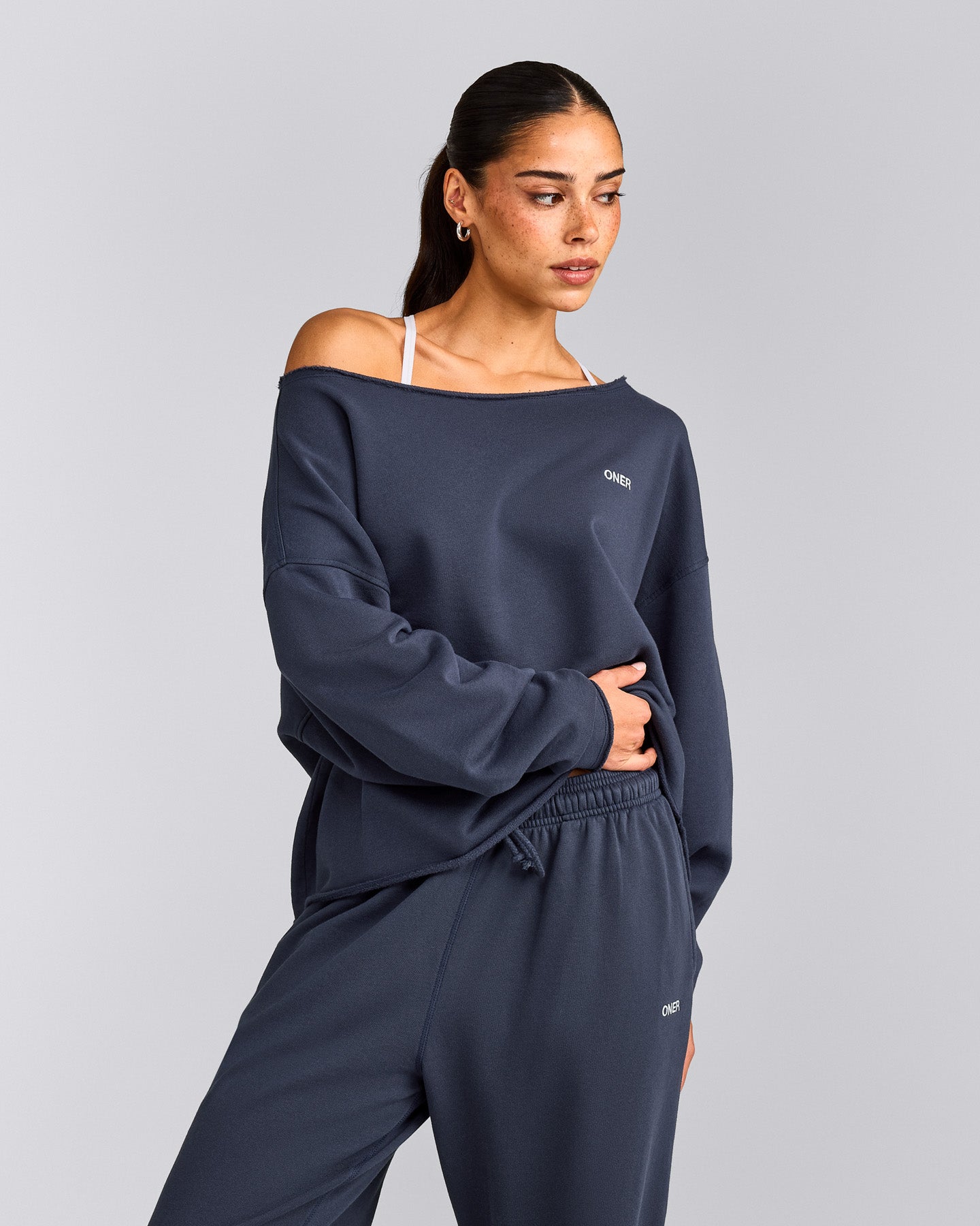 Cotton Vintage Lounge Off-The-Shoulder Sweatshirt | Washed True Blue