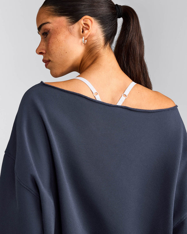 Cotton Vintage Lounge Off-The-Shoulder Sweatshirt | Washed True Blue