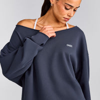 Cotton Vintage Lounge Off-The-Shoulder Sweatshirt | Washed True Blue