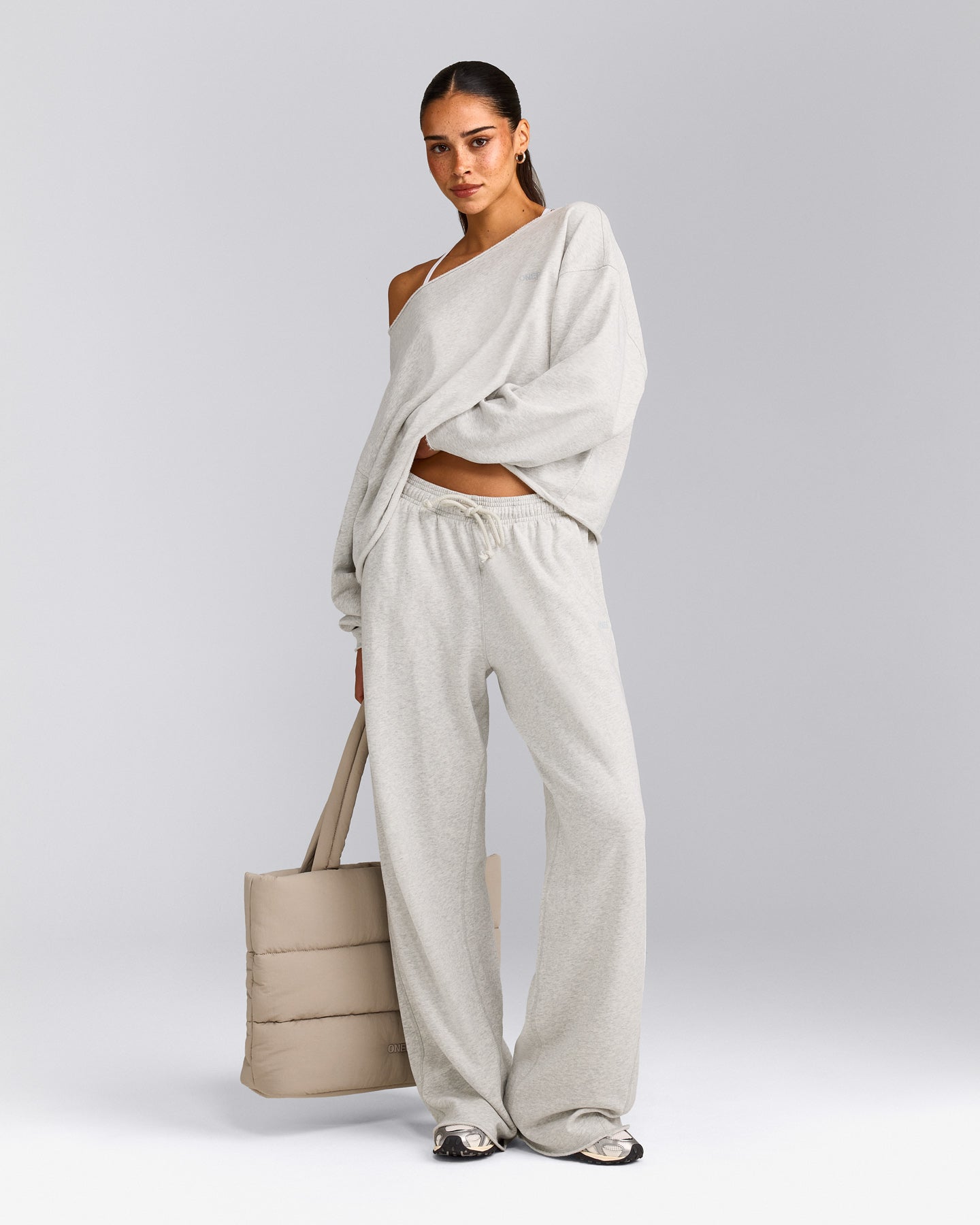 Cotton Vintage Lounge Wide Leg Joggers | Light Grey Marl