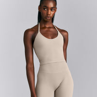 SoftMotion™ Strappy Halter Neck Mid Tank Top with Built in Bra Shelf New Branding | Warm Sand