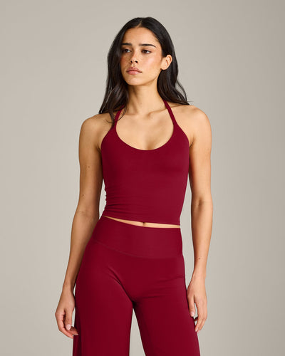 SoftMotion™ Strappy Halter Neck Mid Vest with Built in Shelf with Grey Logo | Ruby Red