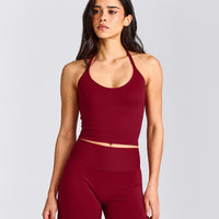 SoftMotion™ Strappy Halter Neck Mid Tank Top with Built in Bra Shelf with Grey Logo | Ruby Red