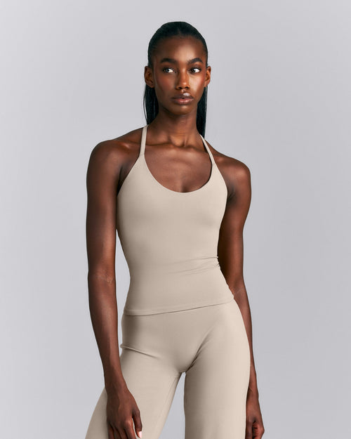 SoftMotion™ Strappy Halter Neck Tank Top with Built in Bra Shelf New Branding | Warm Sand