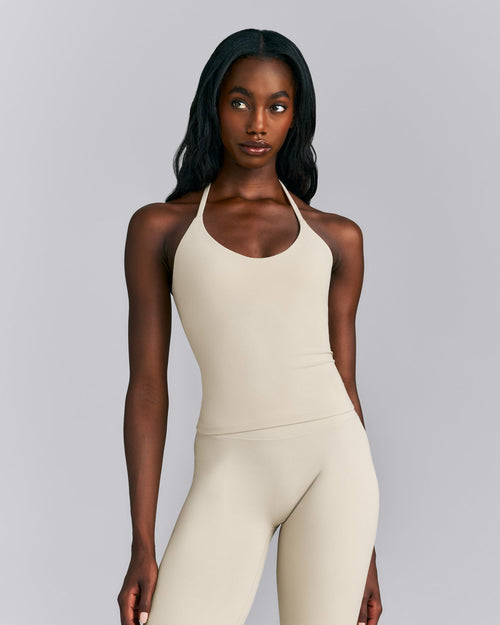 SoftMotion™ Strappy Halter Neck Tank Top with Built in Bra Shelf | Oatmeal