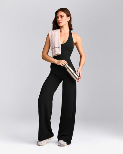 SoftMotion™ Halter Neck Vest with Built in Bra Shelf with Grey Logo | Black