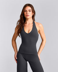 SoftMotion™ Halter Neck Vest with Built in Bra Shelf with Grey Logo | Coal