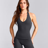 SoftMotion™ Halter Neck Vest with Built in Bra Shelf with Grey Logo | Coal